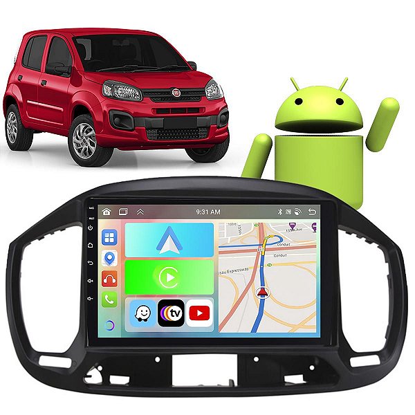 Kit Multimídia Carplay Android Auto 9” Fiat Uno 2015-2020 GPS TV Online Google Assistente Siri Câmera de Ré