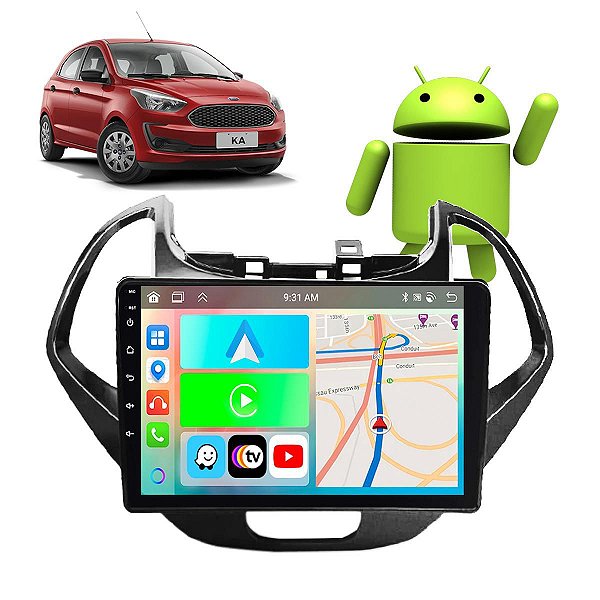 Kit Multimídia Carplay Android Auto 9” Ford Ka 2018-2021 GPS TV Online Google Assistente Siri Câmera de Ré