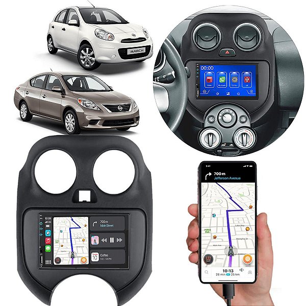 Kit Multimidia Android-Auto March Versa 2011-2013 7" MP5 Carplay + Câmera de ré