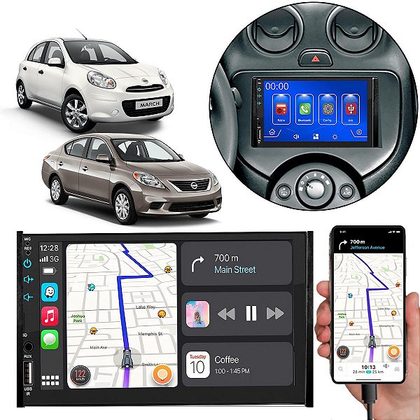 Kit Multimidia Android-Auto March Versa 2011-2013 7" MP5 Android Auto Carplay + Câmera de Ré