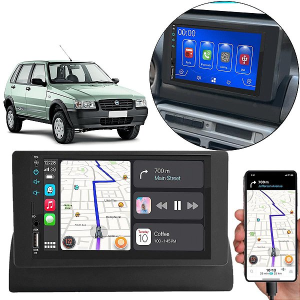 Kit Multimidia MP5 Android-Auto Carplay Uno 1995-2013 7" + Câmera de Ré