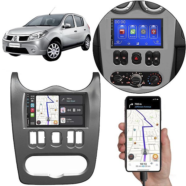 Kit Multimidia Android-Auto Carplay Sandero 2007- 2011 7" MP5 + Câmera de Ré