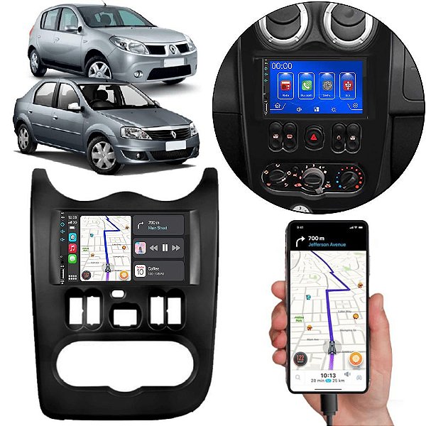 Kit Multimidia Android-Auto Carplay Sandero Logan 2007- 2011 7" MP5 + Câmera de Ré