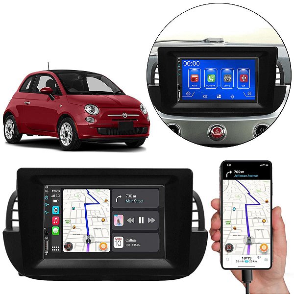 Kit Multimidia MP5 Android-Auto Carplay Fiat 500 (2010-2017) 7" + Câmera de Ré