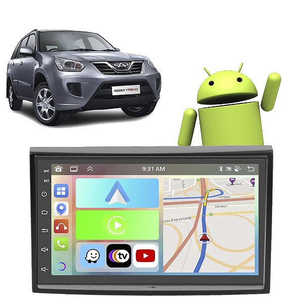 Kit Multimídia Tiggo (2010-2015) 7" Polegadas 2-32Gb GPS TV Android-Auto CarPlay Comando de voz Google Siri