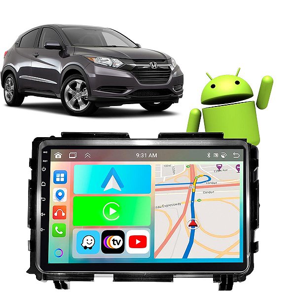 Kit Multimídia Carplay Android Auto 9” Honda HRV 2015-2021 GPS TV Online Google Assistente Siri Câmera de Ré