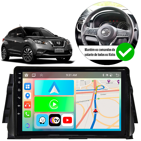 Kit Multimídia Carplay Android Auto 9” Kicks 2016-2023 GPS TV Online Google Assistente Siri Câmera de Ré