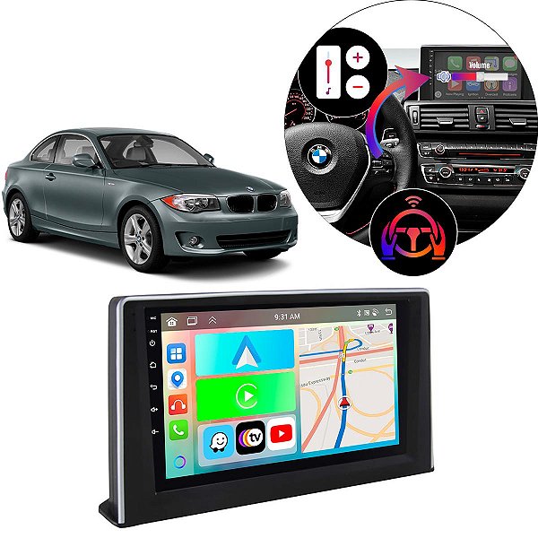 Kit Multimídia Carplay Android Auto 9” BMW Serie 1 116i 118i 2013-2015 Google Assistente Siri Câmera de Ré