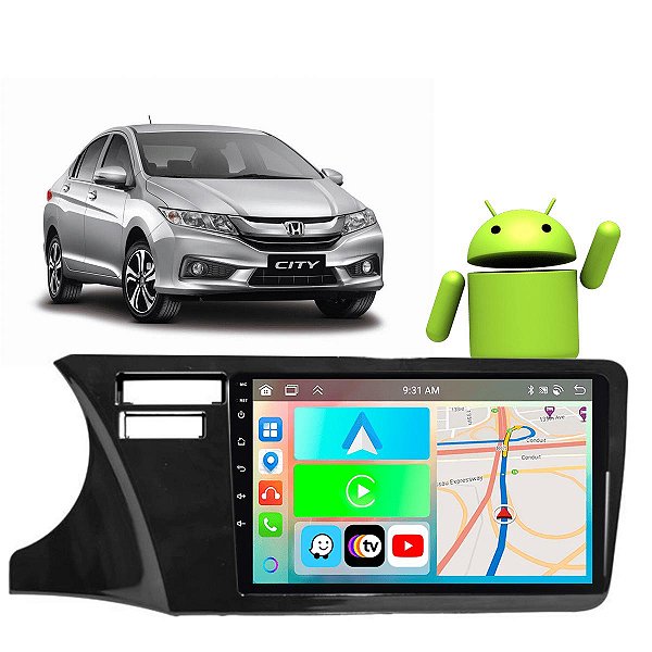 Kit Multimídia Carplay Android Auto 9” CITY 2015-2021 TV Online Google Assistente Siri Câmera de Ré