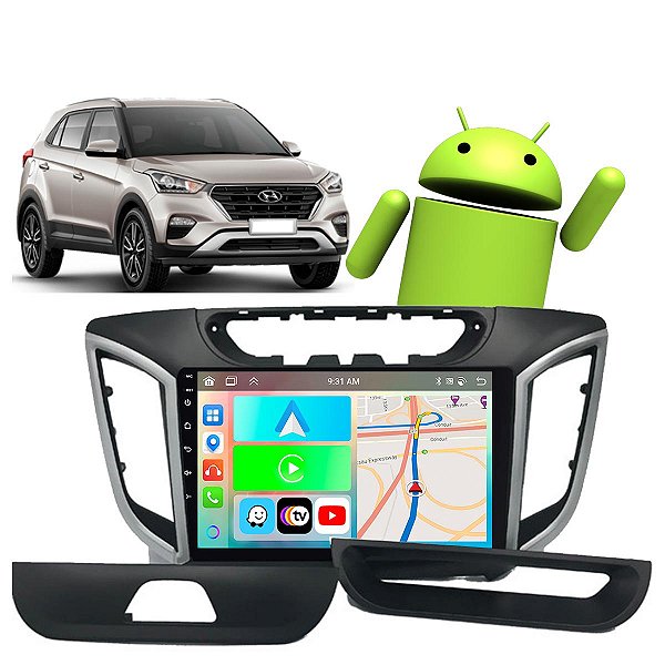 Kit Multimídia Carplay Android Auto 9” CRETA 2016-2021 GPS TV Online Google Assistente Siri Câmera de Ré