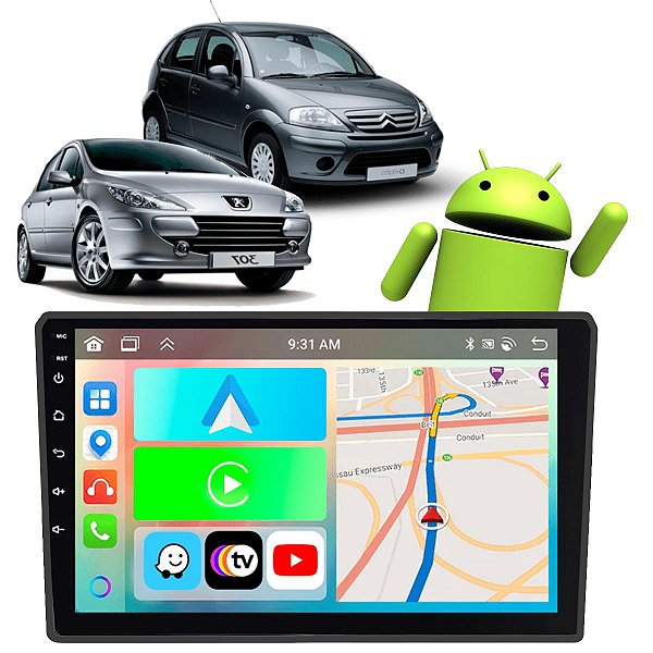 Kit Multimídia Peugeot 307 C3 2002-2012 9” Carplay Android Auto GPS Integrado TV Online