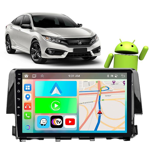 Kit Multimídia Carplay Android 2/32GB 9” Civic 2017-2021 TV Online + Câmera de Ré