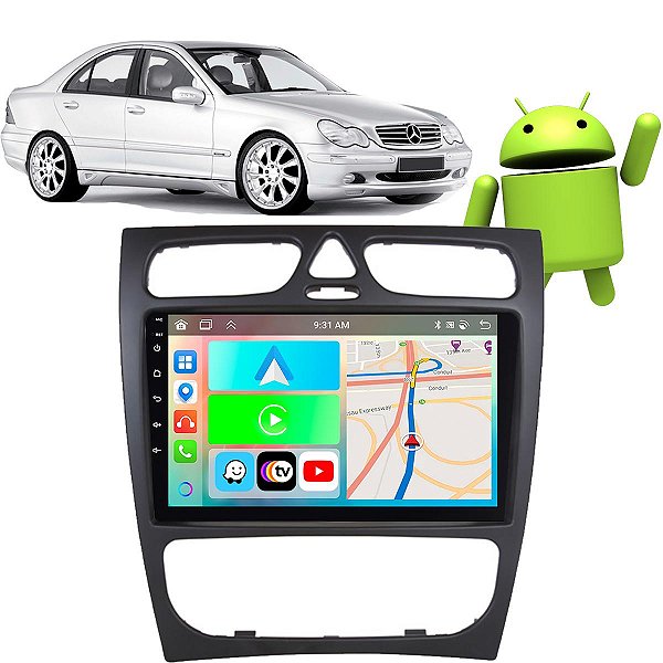 Kit Multimídia Carplay Android Auto 2GB 32GB 9” Polegadas Classe C Sport Coupe 2002-2004 GPS Google Assistente Siri