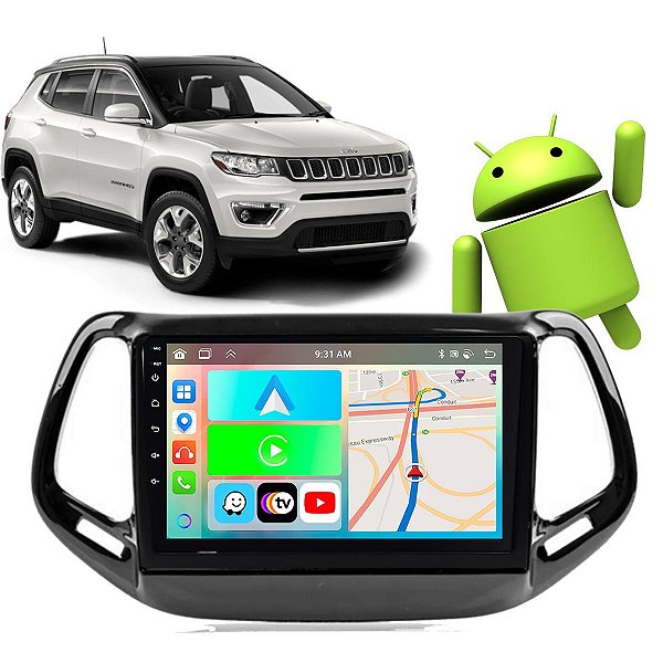Kit Multimídia Carplay Android Auto 9” Compass 2017-2021 GPS TV Online Google Assistente Siri Câmera de Ré