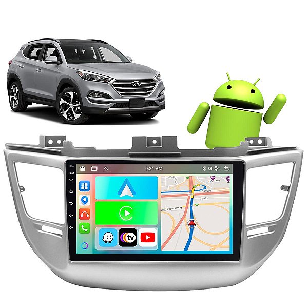 Kit Multimídia Carplay Android Auto 9” Tucson 2017-2024 GPS TV Online Google Assistente Siri Câmera de Ré