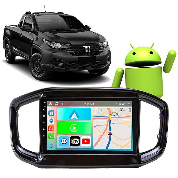 Kit Multimídia Carplay Android Auto 9” Fiat Strada 2021-2024 GPS TV Online Google Assistente Siri Câmera de Ré
