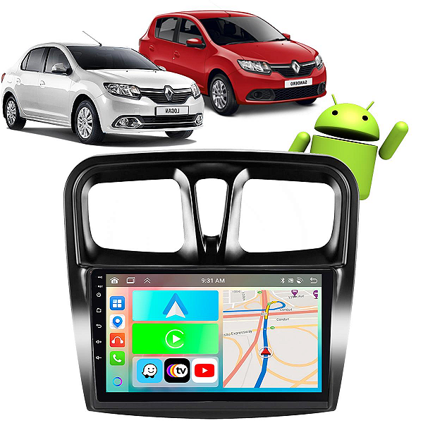Kit Central Multimídia Android Carplay 9" Sandero Logan 2015-2024 GPS WiFI + Câmera