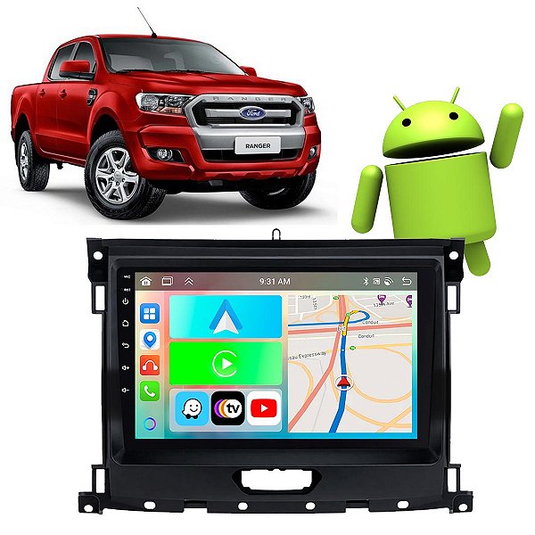 Kit Central Multimídia CarPlay Android 9" Polegadas Ford Ranger 2017-2021 GPS Google Assistente + Câmera