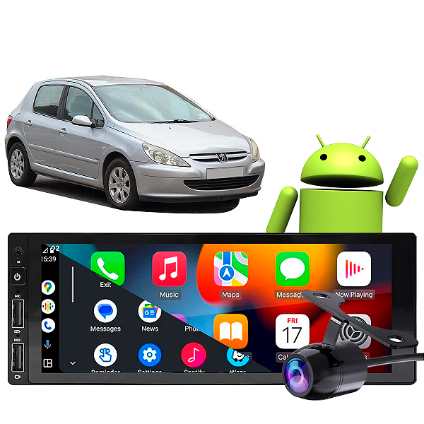 Kit Central Multimidia 1 Din Android Peugeot 307 2002-2012 GPS Google Siri CarPlay + Câmera de Ré