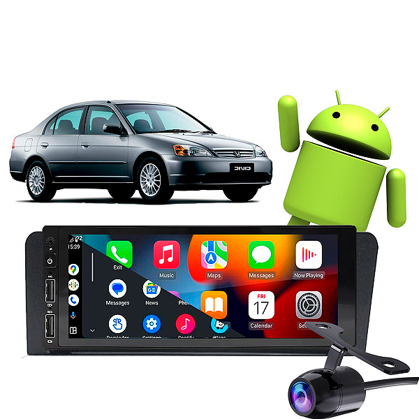 Kit Central Multimidia 1 Din 6.8 Android Civic 2001 a 2006 GPS Google Siri CarPlay + Câmera de Ré