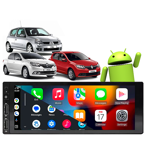 Kit Central Multimidia 1 Din Android Renault Clio Sandero Logan 1996 a 2011 GPS Google Siri CarPlay + Câmera de Ré
