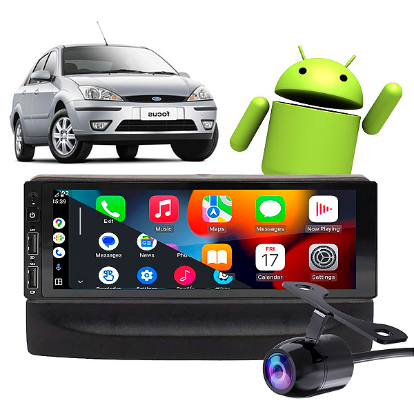 Kit Multimidia Android Carplay Focus 2000 a 2008 1 Din Bluetooth GPS 2-32GB Carplay + Câmera de Ré