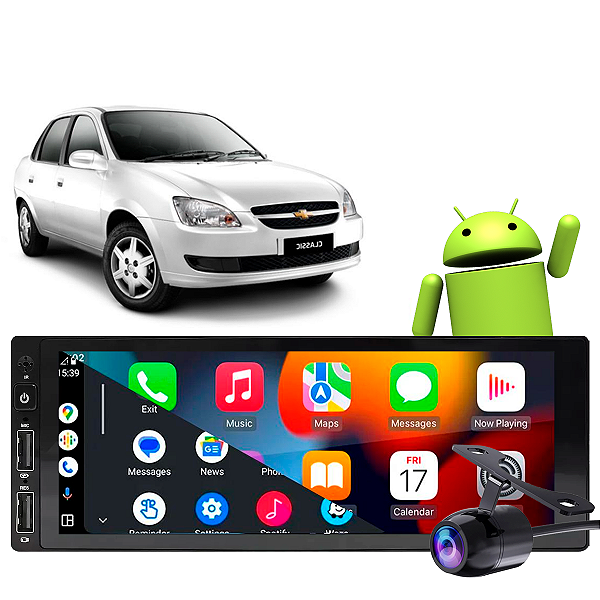 Kit Multimídia 1 Din 2-32GB Chevrolet Classic 2005-2016 Android Auto CarPlay Google Assistente + Câmera de Ré