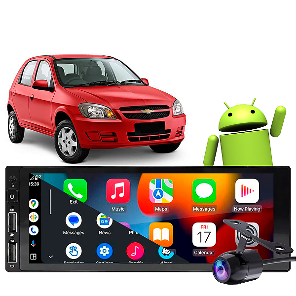 Kit Multimídia 1 Din 2-32GB Chevrolet Celta 2001-2015 Android Auto CarPlay Google Assistente + Câmera de Ré