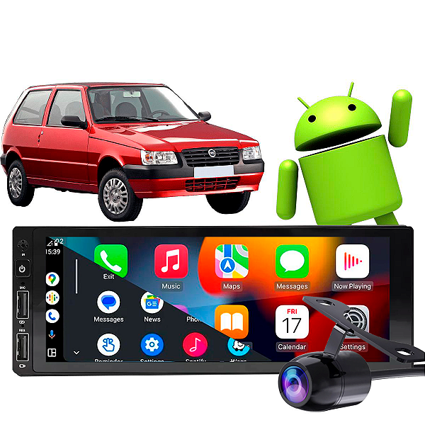 Kit Multimidia Android Carplay Fiat Uno 1994-2013 1 Din Bluetooth GPS 2-32GB Carplay + Câmera de Ré