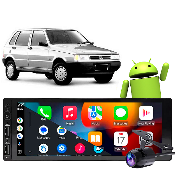 Kit Multimidia Android Carplay Fiat 1990-1994 1 Din Bluetooth GPS 2-32GB Carplay + Câmera de Ré