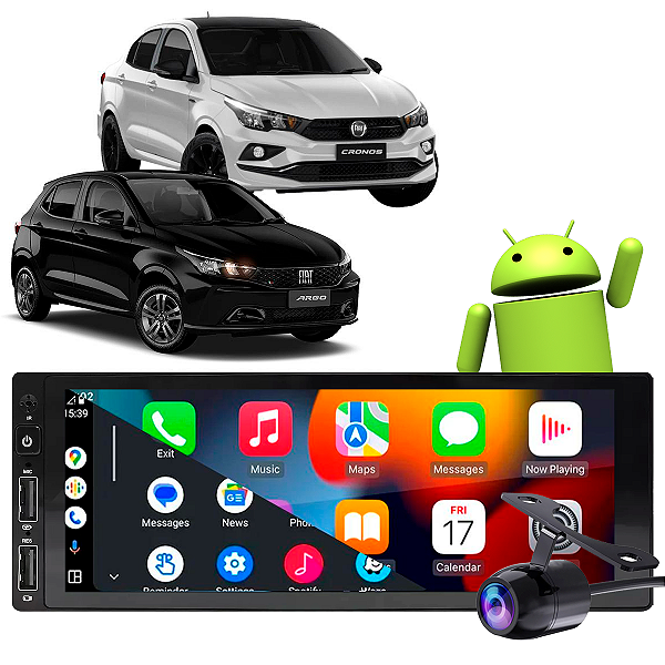 Kit Central Multimidia 1 Din Android Fiat Argo Cronos 2017-2022 GPS Google Siri CarPlay + Câmera de Ré