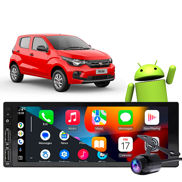 Kit Central Multimidia 1 Din Android Fiat Mobi 2017-2022 2/32GB GPS WiFi CarPlay + Câmera de Ré