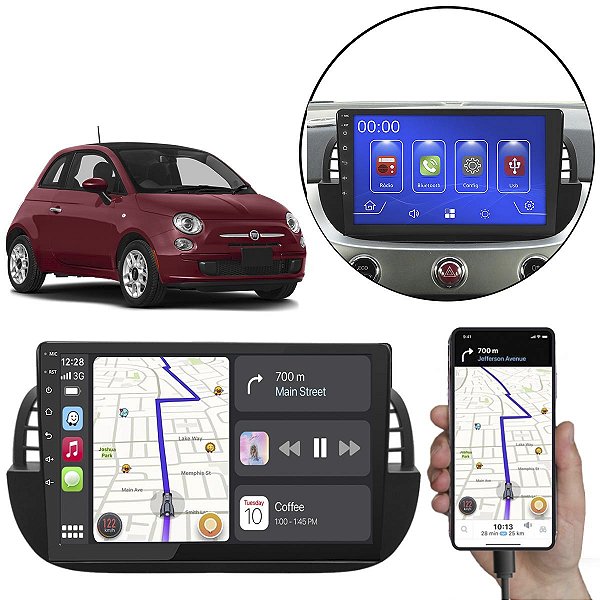 Kit Multimídia 9” Polegadas Fiat 500 2010-2015 MP5 CarPlay/Android Auto
