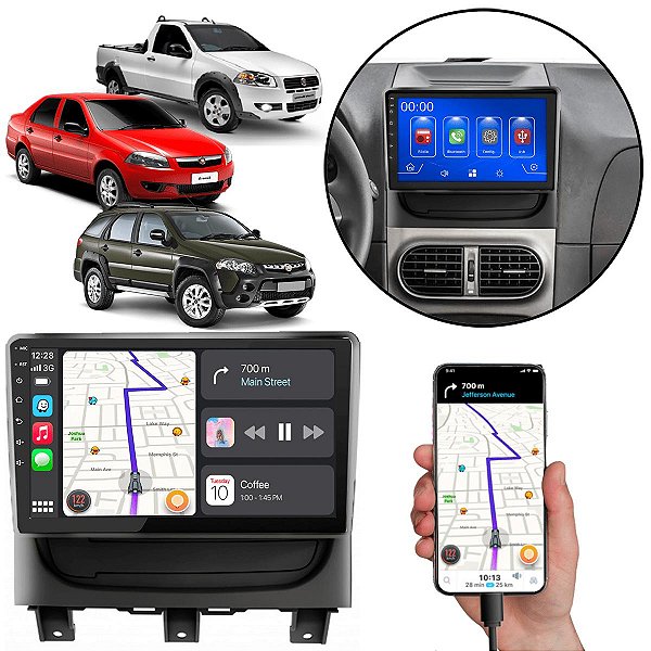 Kit Multimídia 9” Polegadas Fiat Palio Siena Strada 2012 a 2016 MP5 CarPlay/Android Auto