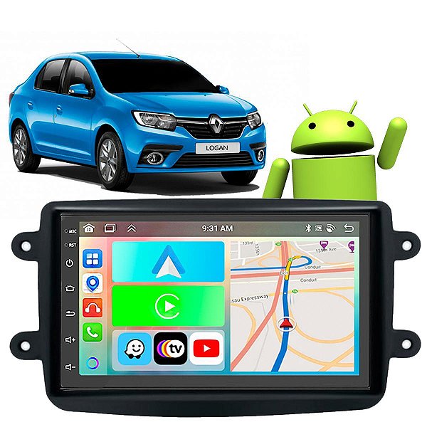 Kit Central Multimídia Android 2-32GB Renault Logan 2011 a 2024 CarPlay + Câmera de Ré