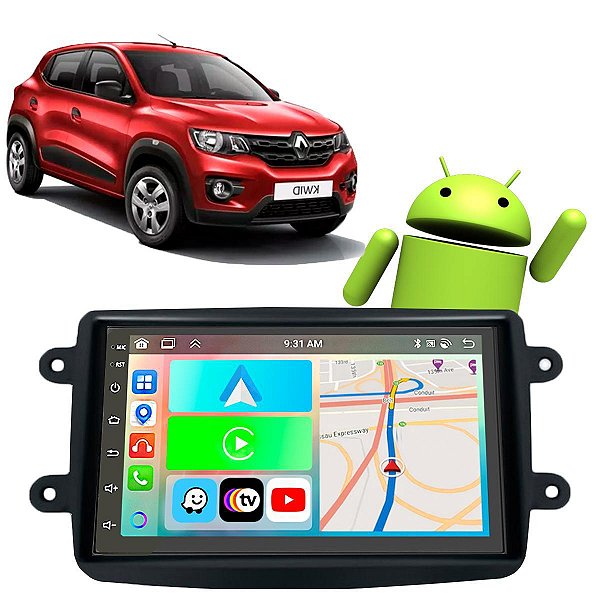 Kit Central Multimídia Android 2-32GB Renault Kwid 2017 a 2022 CarPlay + Câmera de Ré