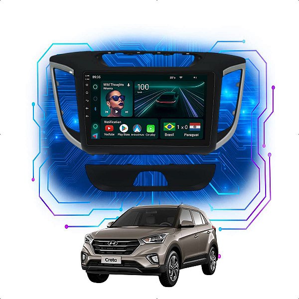 Kit Multimídia Android 9” Creta 2016 a 2021 | 4GB + 64GB, CarPlay e Android Auto