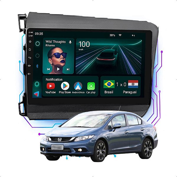Kit Multimídia Android 9” Civic 2012 A 2016 | 4GB + 64GB, CarPlay e Android Auto
