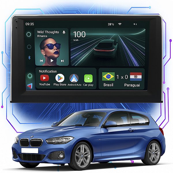 Kit Multimídia Android 9” Bmw Serie 1 116i 118i 120i 2013 a 2015 | 4GB + 64GB, CarPlay e Android Auto
