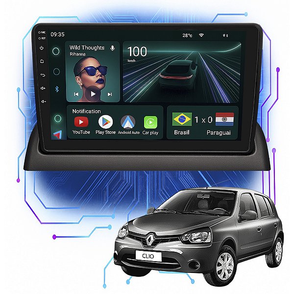 Kit Multimídia Android 9” Clio 2000-2005 | 4GB + 64GB, CarPlay e Android Auto