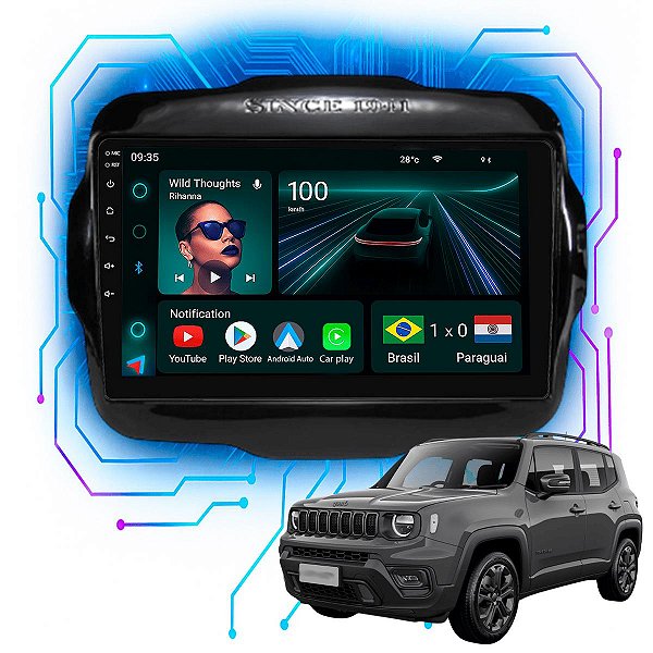 Kit Multimídia Android 9” Renegade 2015-2024 | 4GB + 64GB, CarPlay e Android Auto