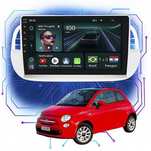 Kit Multimídia Android 9” Fiat 500 2010-2015 | 4GB + 64GB, CarPlay e Android Auto