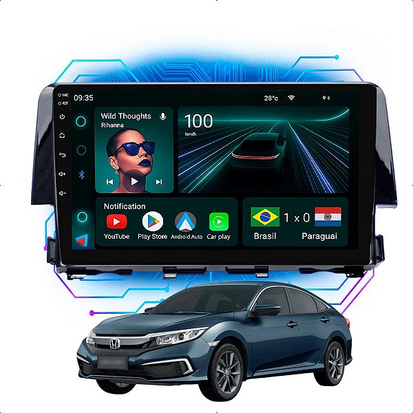 Kit Multimídia Android 9” Civic G10 2017-2021 | 4GB + 64GB, CarPlay e Android Auto