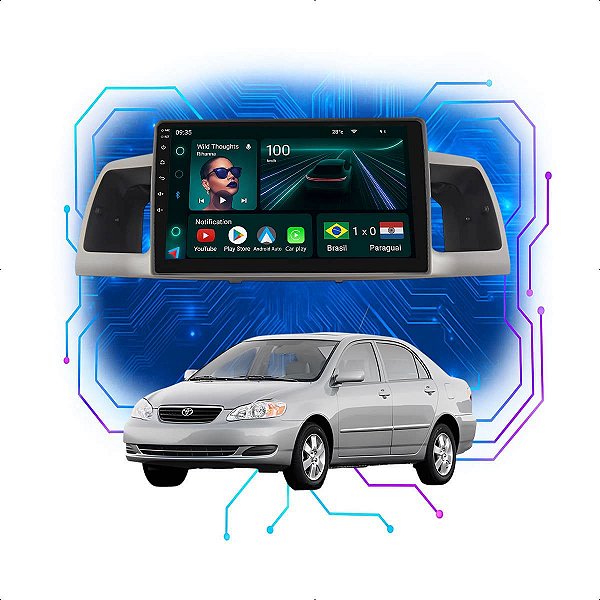 Kit Multimídia Android 9” Corolla 2003-2008 | 4GB + 64GB, CarPlay e Android Auto