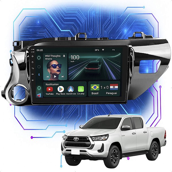 Kit Multimidia Android 4GB/64GB 9p Hilux 2016-2025 Carplay + Câmera De Ré
