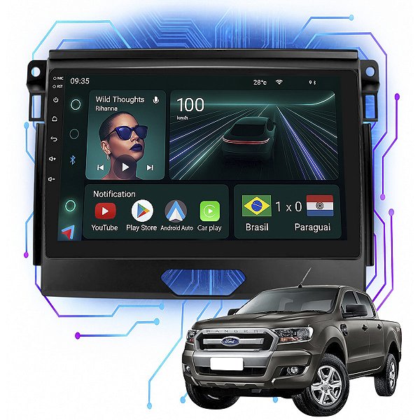 Kit Multimidia Android 4GB/64GB 9p Ranger Xls 2017-2019 Carplay + Câmera De Ré