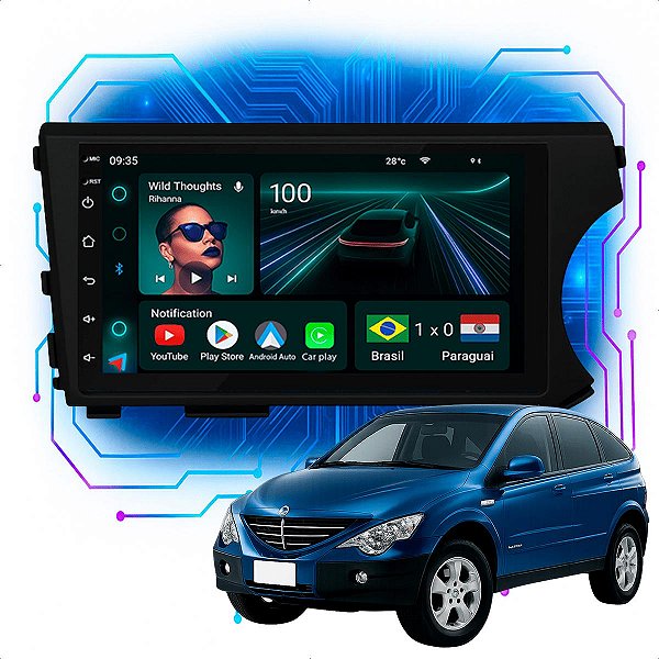 Kit Multimídia Android 7pol Actyon 2008 a 2011 Carplay Gps