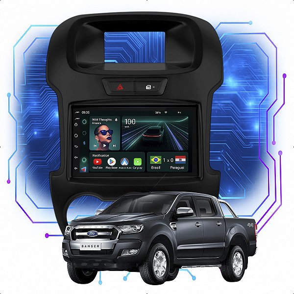 Kit Multimídia Android 4-64GB 7pol Ranger 2012 a 2016 Carplay + Câmera De Ré
