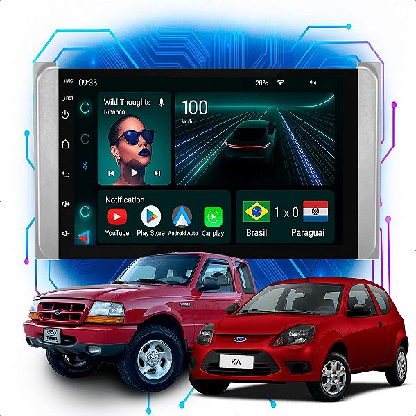 Kit Multimídia Android 4-64GB 7p Ford Ka Ranger 2000 a 2011 Carplay + Câmera De Ré