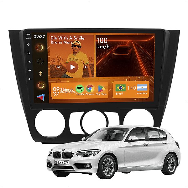 Kit Multimídia Android 2+64GB 9p Bmw Serie 1 2008 a 2012 Carplay + Maps